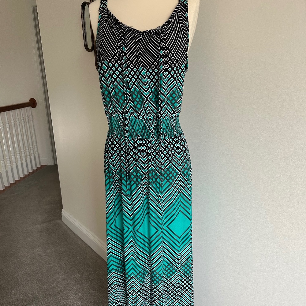 NY COLLECTION MAXI DRESS GREEN BLACK WHITE GEOMETRIC VACATION LONG SZ LARGE
